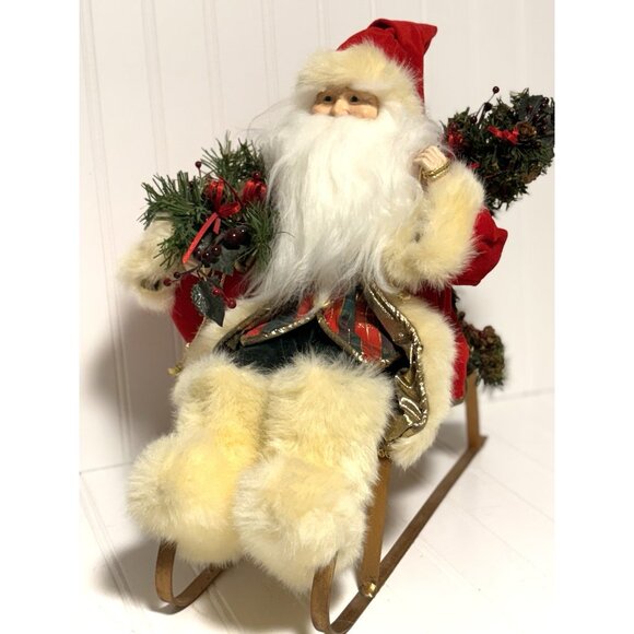 Vintage Santa with His Fur Rimmed Coat Hat And Fur Boots in Sleigh 15” - Picture 2 of 8